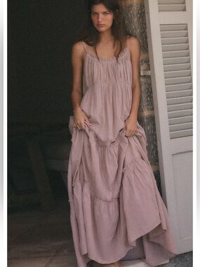 Zara Long Ruffled Gauze Dress in lilac, featuring adjustable spaghetti straps